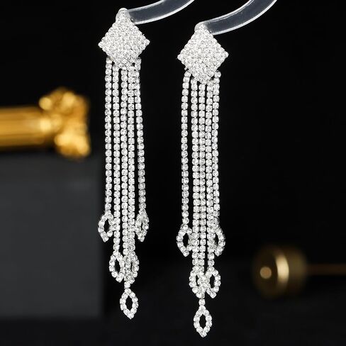 Rhinestone Drop Earrings for Women Sparkly Long Tassel Earrings Dangling Crystal Statement Prom Earrings Wedding Party Dress Outfit Jewerly Gifts in Kuwait