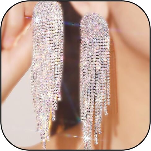 Rhinestone Drop Earrings for Women Sparkly Long Tassel Earrings Dangling Crystal Statement Prom Earrings Wedding Party Dress Outfit Jewerly Gifts in Kuwait