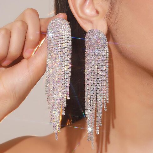 Rhinestone Drop Earrings for Women Sparkly Long Tassel Earrings Dangling Crystal Statement Prom Earrings Wedding Party Dress Outfit Jewerly Gifts in Kuwait