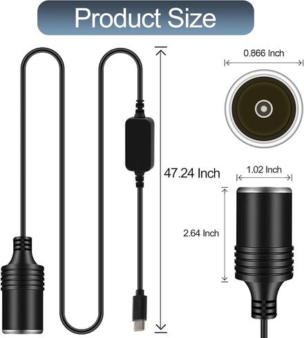 USB C to 12V Cigarette Lighter Adapter, Type C Male to 12 Volt Car Cigarette Lighter Socket Power Converter Cable for Readar Detector, Dash Cam, GPS(9.8FT) in Saudi Arabia