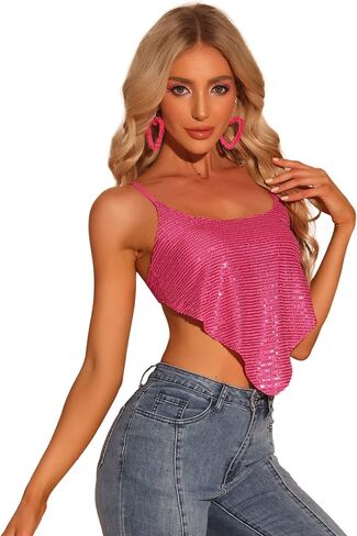 Allegra K Women's Christmas Sequin Spaghetti Straps Crisscross Backless Party Crop Cami Top in Kuwait
