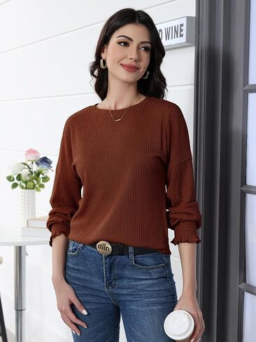 TAKEYAL Long Sleeve Shirt for Women Crew Neck Blouse Dressy Casual Loose Outfits Spring Fall Trendy Fashion Top 2025 in Saudi Arabia
