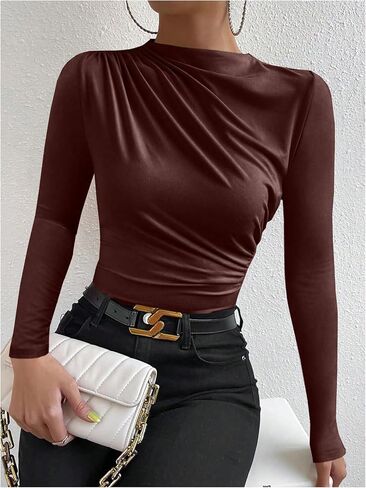 SweatyRocks Women's Ruched Long Sleeve Shirts Mock Neck Fitted T Shirts Basic Tops in Saudi Arabia