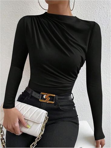 SweatyRocks Women's Ruched Long Sleeve Shirts Mock Neck Fitted T Shirts Basic Tops in Saudi Arabia