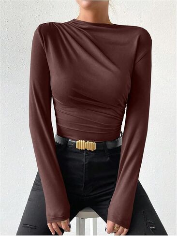 SweatyRocks Women's Ruched Long Sleeve Shirts Mock Neck Fitted T Shirts Basic Tops in Saudi Arabia