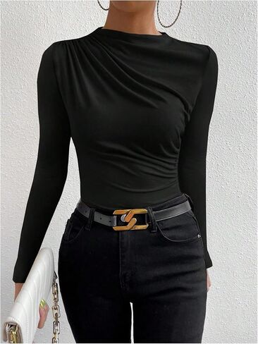 SweatyRocks Women's Ruched Long Sleeve Shirts Mock Neck Fitted T Shirts Basic Tops in Saudi Arabia