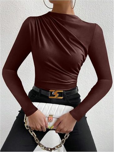 SweatyRocks Women's Ruched Long Sleeve Shirts Mock Neck Fitted T Shirts Basic Tops in Saudi Arabia