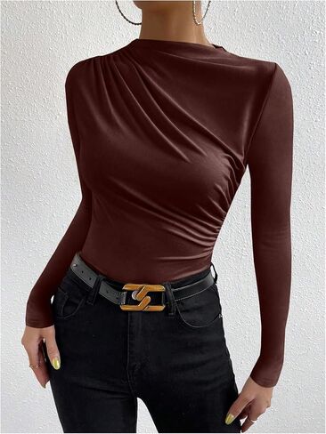 SweatyRocks Women's Ruched Long Sleeve Shirts Mock Neck Fitted T Shirts Basic Tops in Saudi Arabia