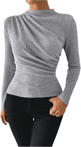 SweatyRocks Women's Ruched Long Sleeve Shirts Mock Neck Fitted T Shirts Basic Tops in Saudi Arabia