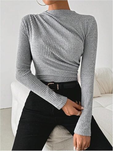 SweatyRocks Women's Ruched Long Sleeve Shirts Mock Neck Fitted T Shirts Basic Tops in Saudi Arabia