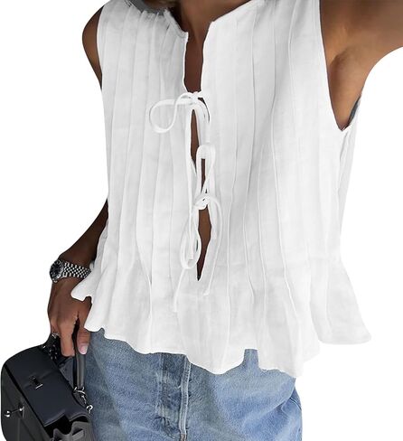 Women Bow Tie Front Tank Top Pleated Ruffle Linen Vest Y2K Babydoll Shirt Coquette Clothes in Saudi Arabia