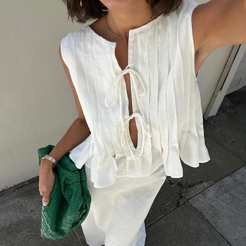 Women Bow Tie Front Tank Top Pleated Ruffle Linen Vest Y2K Babydoll Shirt Coquette Clothes in Saudi Arabia