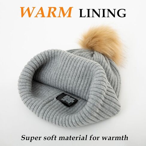 TOP-EX M/L/XL Women Winter Beanie Pom Hat Warm Wool Cashmere Knit Cap Double Layer Hat with Faux Fur Pompom in Saudi Arabia