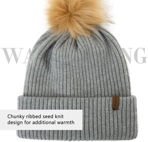 TOP-EX M/L/XL Women Winter Beanie Pom Hat Warm Wool Cashmere Knit Cap Double Layer Hat with Faux Fur Pompom in Saudi Arabia