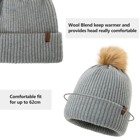 TOP-EX M/L/XL Women Winter Beanie Pom Hat Warm Wool Cashmere Knit Cap Double Layer Hat with Faux Fur Pompom in Saudi Arabia