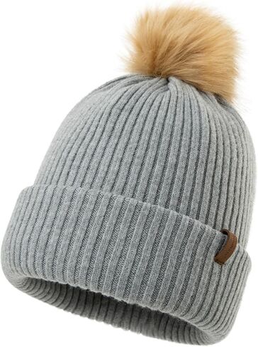 TOP-EX M/L/XL Women Winter Beanie Pom Hat Warm Wool Cashmere Knit Cap Double Layer Hat with Faux Fur Pompom in Saudi Arabia