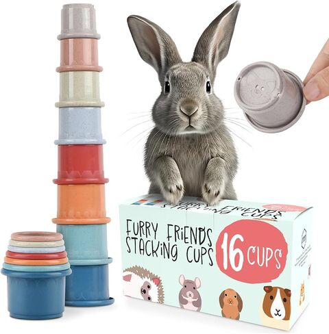 [8 PC] Stacking Cups for Rabbits - Wheat Straw Rabbit Toys with Cute Animal Designs - Bunny Stacking Cups to Play with Rabbits - Nesting Toys for Rabbits to Keep Busy - Graduated Sized Stackable Toys in Kuwait