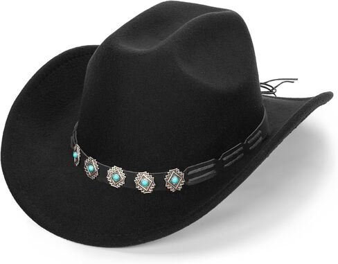 Men Women Classic-Western-Cowboy-Hat - PU Leather Wide Brim Cowgirl Fedora Hats with Braided Rope Band(Size:M) in Saudi Arabia