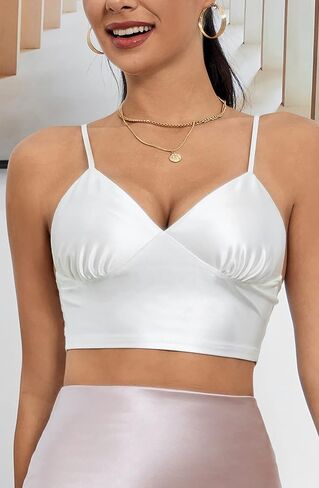 ALCEA ROSEA Sexy Satin Crop Tops for Women Sleeveless Deep V Neck Cami Tank Top Chic Slim Fitted Cropped Camisole in Saudi Arabia