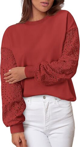 MASCOMODA Fall Fashion 2024 Blouses for Women Dressy Casual Lace Long Sleeve Tops Crewneck Eyelet Knit T Shirts Sweatshirt in Saudi Arabia