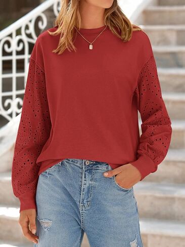 MASCOMODA Fall Fashion 2024 Blouses for Women Dressy Casual Lace Long Sleeve Tops Crewneck Eyelet Knit T Shirts Sweatshirt in Saudi Arabia