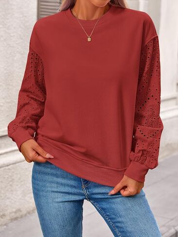 MASCOMODA Fall Fashion 2024 Blouses for Women Dressy Casual Lace Long Sleeve Tops Crewneck Eyelet Knit T Shirts Sweatshirt in Saudi Arabia