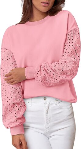 MASCOMODA Fall Fashion 2024 Blouses for Women Dressy Casual Lace Long Sleeve Tops Crewneck Eyelet Knit T Shirts Sweatshirt in Saudi Arabia