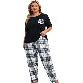 OYOANGLE Women's Plus Size 2 Piece Pajama Set Short Sleeve Tee Shirt and Plaid Print Pants Set Loungewear