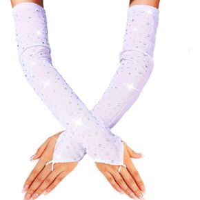 GORTIN Rhinestones Fingerless Long Gloves Sheer Tulle Gloves Elbow Length Opera Prom Halloween Party Mesh Gloves for Women
