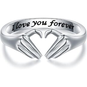 خاتم قلب من الفضة الإسترلينية عيار 925 للنساء - خاتم وعد الصداقة قابل للتعديل مفتوح اليد على شكل قلب خاتم الحب مجوهرات عيد الميلاد هدية عيد ميلاد لمحبي الأم والابنة in Kuwait