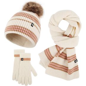 Wander Agio Warm Hat Scarf Glove Set for Women Beanie Hats Scarves and Gloves Womens Knit Fair Isle Beanies 3-Sets Stripe