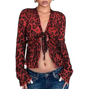 Sexy Mesh Cheetah Print Top, Sheer Leopard Tie Front Tops for Women, Long Flare Sleeve Shirts, Going Out Outfits