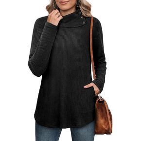 Bulotus Womens Turtleneck Sweaters Ribbed Knit Split Cowl Neck Tunic Sweaters