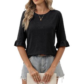 Bluetime Womens 3/4 Sleeve Tops Summer Ruffle Shirts Crewneck Dressy Casual Loose Blouses