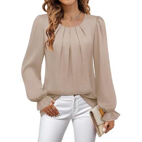 Lotusmile Womens Business Casual Blouse Pleated Ruffle Long Sleeve Dressy Top Satin Work Shirt