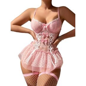 Sexy Stocking Corset Babydoll Mesh Sheer Lace Up Ruffle Underwire Garter Lingerie with Thong Set 3 Piece