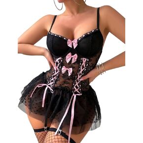 Sexy Corset Mesh Sheer Lace Up Ruffle Bows Underwire Stocking Chest Binder Lingerie Set 3 Piece Women
