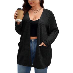 GORGLITTER Women's Plus Pocket Patched Open Front Cardigan Long Sleeve Waffle Knit Coat in Saudi Arabia