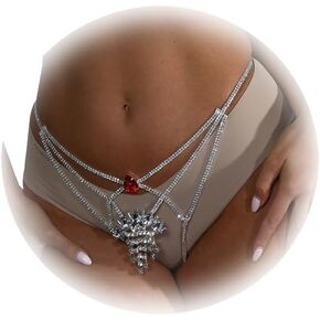 Red Heart Rhinestone Tassel Chain Thong Sexy Bikinis Beach Water Drop Crystal Panties Chain Rave Lingerie Jewelry for Women