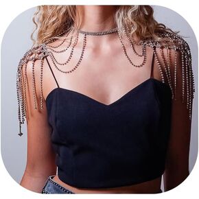 Sexy Multilayered Rhinestone Shoulder Chain Jewelry Bridal Wedding Backdrop Chain Crystal Tassel Shoulder Chain Necklace Festival Rave Shoulder Body Jewelry for Women