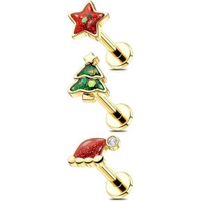 MeIighting 3PCS Christmas Helix Earrings Internally Threaded 16G Christmas Tree Cartilage Earrings Stainless Steel 316L 8mm Star Tragus Piercing Jewelry Christmas Hat Flat Back Earring for Women