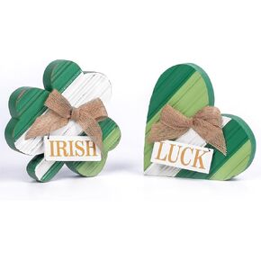 Valery Madelyn St Patrick's Day Decorations for Table, 2 Pcs Wooden Shamrock St Patrick's Day Decor, Table Centerpieces for The Home Decor Shelf Office Tiered Tray Party Gift with Heart Clover 4 Inch
