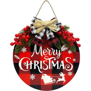 2 PCS Christmas Door Decorations, Buffalo Plaid Christmas Wall Decor for Front Door, 12 Inch Merry Christmas Sign Wood Wreath Hanging Porch Window Decoration Indoor Outdoor