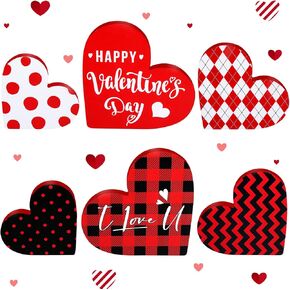 Yulejo 3 Pcs Valentine's Day Wooden Heart Signs Decorations Heart Shaped Table Centerpiece Double Printed Buffalo Plaid Love Tiered Tray Decor Rustic Valentine's Day Decor for Home Wedding Party
