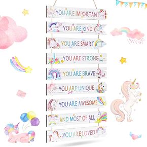CHENGU 9 Pieces Unicorn Wooden Rustic Wall Hanging Plaque Sign Watercolor Unicorn Inspirational Positive Quotes Wall Art Decor for Teens Girl Bedroom Princess Toddler Room (Unicorn)