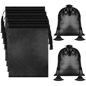 Shappy 4 Pieces Satin Bags for Hair Extensions, Satin Wig Bags Hair Packaging Bag with Drawstring and Tassel, Soft Satin Silky Pouches Hair Storage Carrying Bags for Hair Tools Family Travel, Black