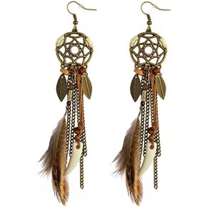 Brown Dream Catcher Feather Earrings Vintage Bohemian Ethnic Dangle Earrings for Women