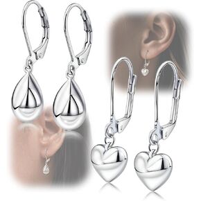ELEDUCTMON Leverback Earrings Set for Women - Sterling Silver Waterdrop Earrings for Ladies Classic Teardrop Drop Dangle Earrings Hypoallergenic Heart Earrings Small Earrings Gifts for Her Wife Mom