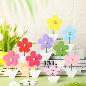 Wenqik 10 Pcs Spring Flower Wooden Decor Spring Table Decoration Rustic Tulip Daisy Wood Signs Floral Tiered Tray Decor Colorful Spring Centerpiece for Home Kitchen Shelf Decor(Multiple Flower)