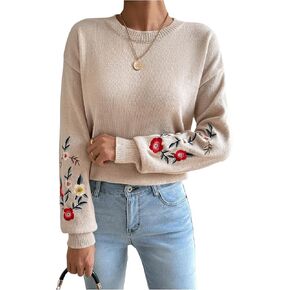 SOLY HUX Women's Floral Embroidery Sweaters Crew Neck Drop Shoulder Long Sleeve Knit Sweater Pullover Fall Tops
